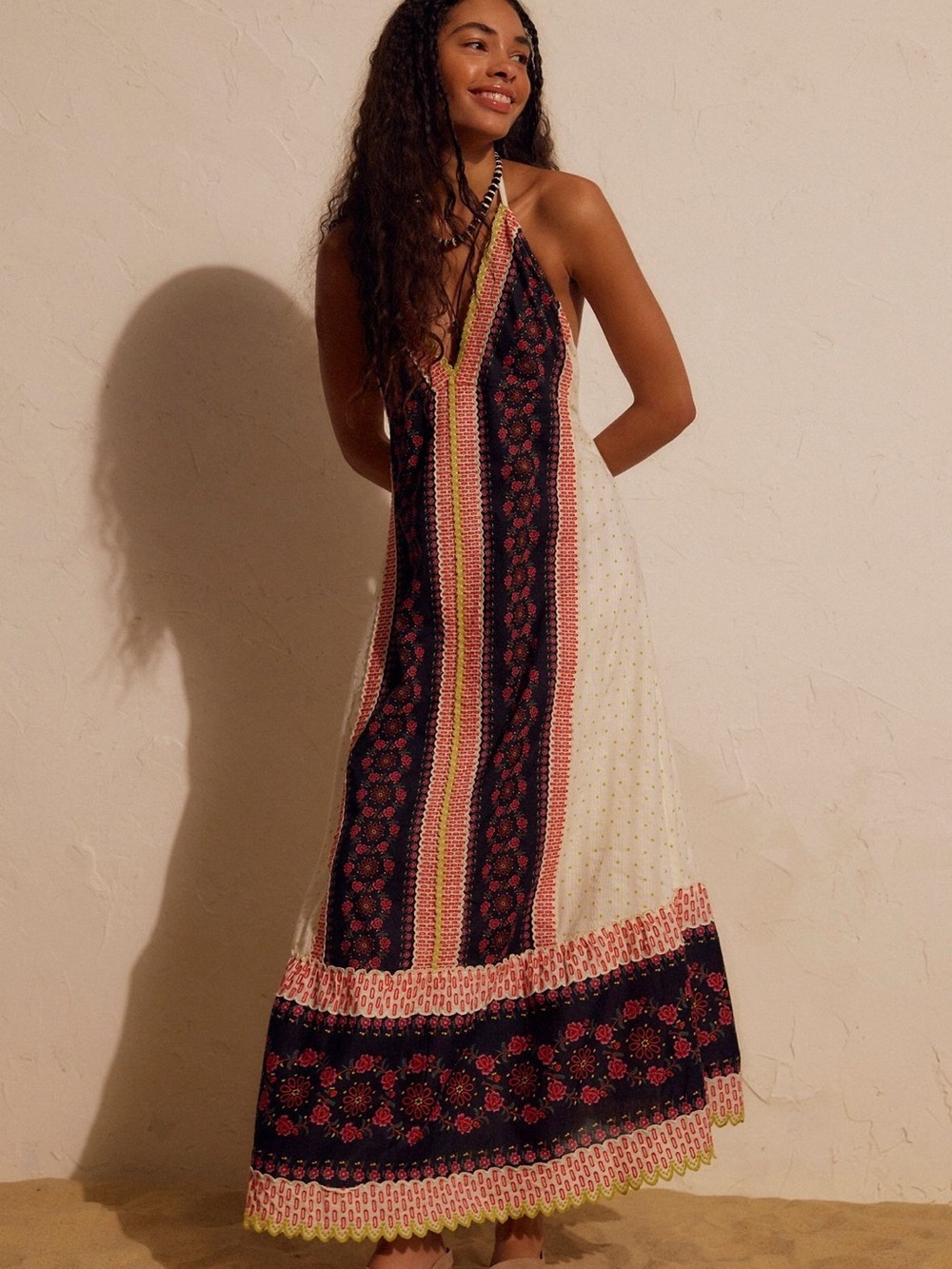 NWT Free People Serene Halter Maxi Dress XL Boho Open Back Border Print
